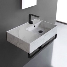 Marble Design Ceramic Wall Mounted Sink With Black Towel Bar
